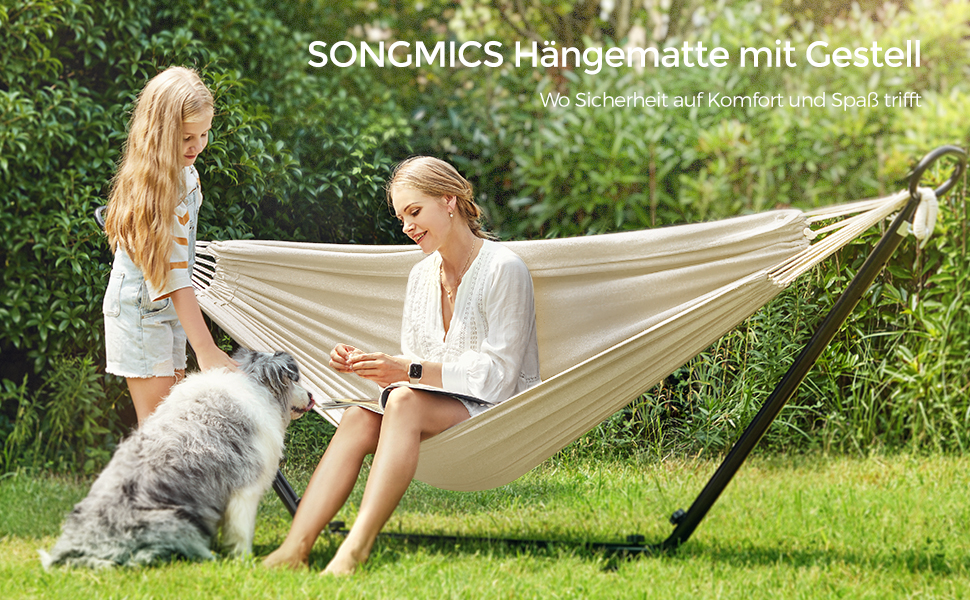Гамак SONGMICS GHS001G01 бежевий, 210x150 см, металевий каркас, регульована висота, до 240 кг, для саду