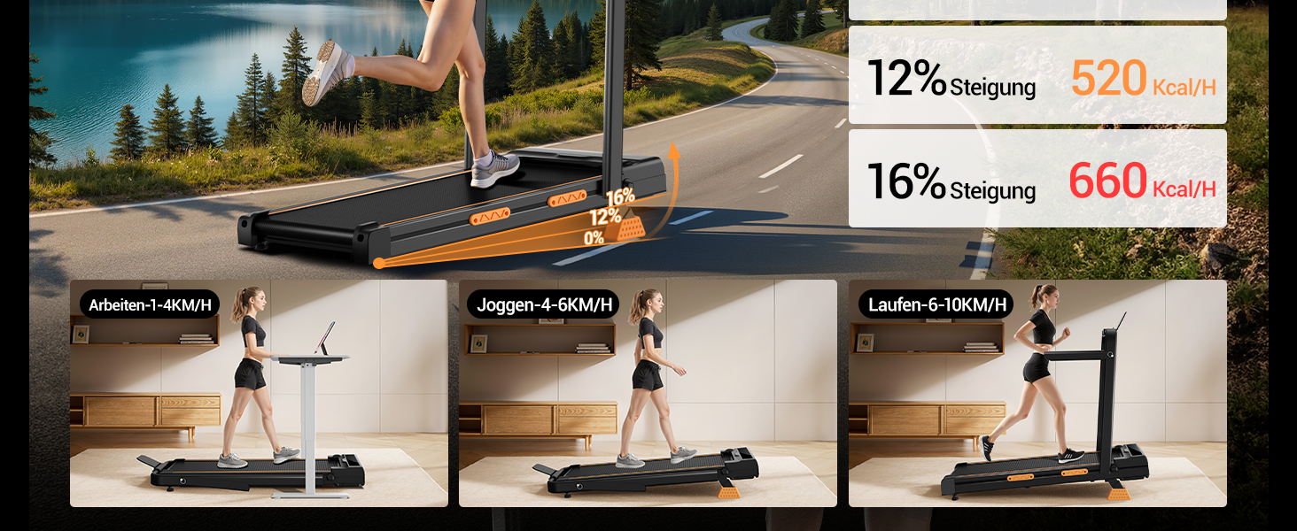 Бігова доріжка Walking Pad Lontek зі схилом 16%, 10 км/год для дому та офісу, LED дисплей, пульт ДУ, потужність 3.0 к.с., макс. навантаження 136 кг, чорна