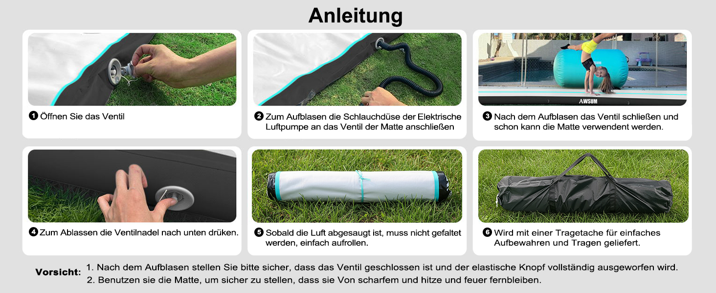 AWSUM Надувний гімнастичний мат, 2/3/4/5/6м, 10/20см, для йоги, фітнесу, дому, на вулицю, з насосом, Mint Green/Black