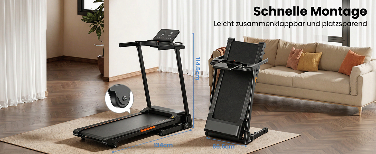 Складана бігова доріжка для дому та офісу з автоматичним нахилом 15%, двигун 3.0 к.с. (до 14 км/год), LED-дисплеєм та 12 програмами, макс. навантаження 136 кг, чорна