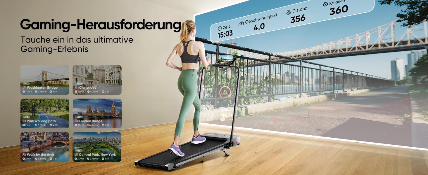 Біговий тренажер 6 в 1 для дому, складний, з регулюванням нахилу 10% та ручками. Макс. вантажність 135 кг, LED-дисплей, пульт дистанційного керування та додаток. Чорний та сірий.