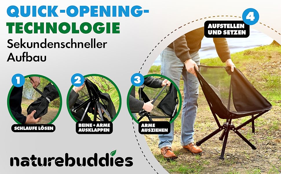 Крісло для кемпінгу Nature Buddies® Faltbar: Легке, компактне, розкладне, до 150 кг | Стільці для риболовлі, відпочинку на природі, фестивалів, туризму | Чорний