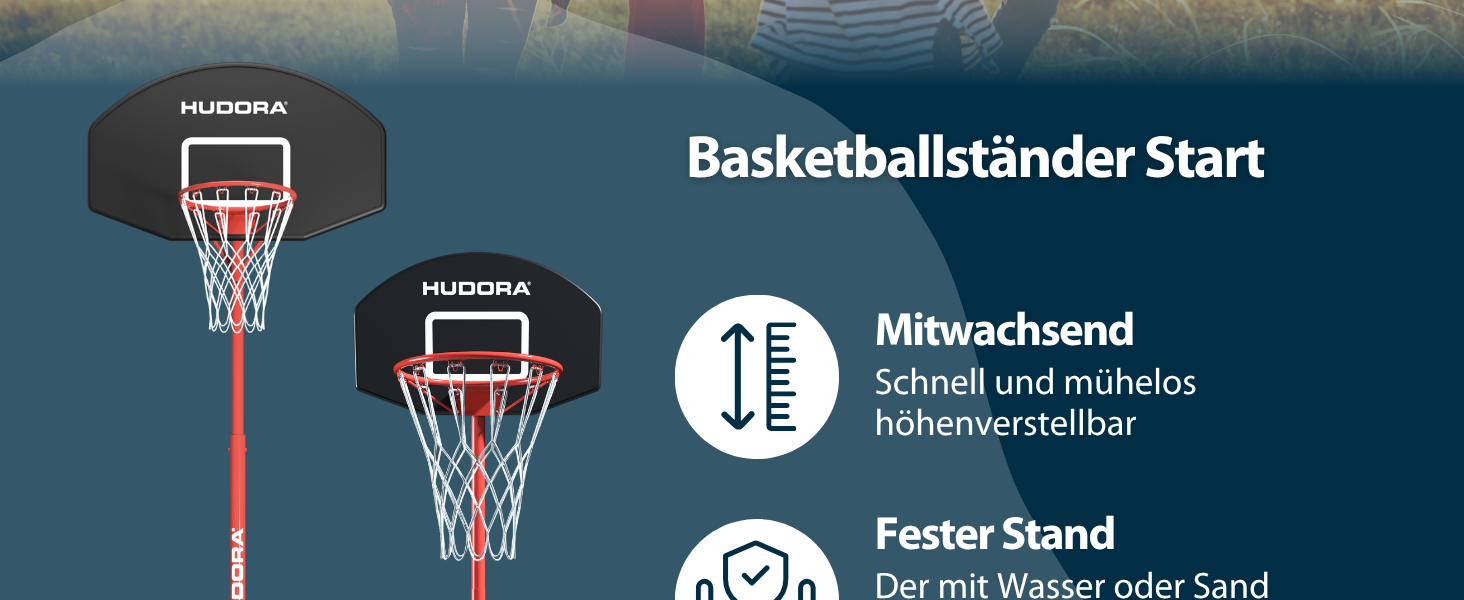 Баскетбольний стенд HUDORA Start: регульована висота, мобільний для дітей, підлітків та дорослих, вуличний з колесами 305 см