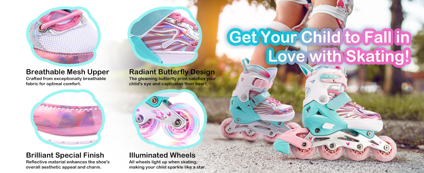 Дитячі ролики Inliner Kinder з регулюванням розміру 26-29, 29-34, 30-35. Ролики для дівчаток з колесами 82A PU, дизайн