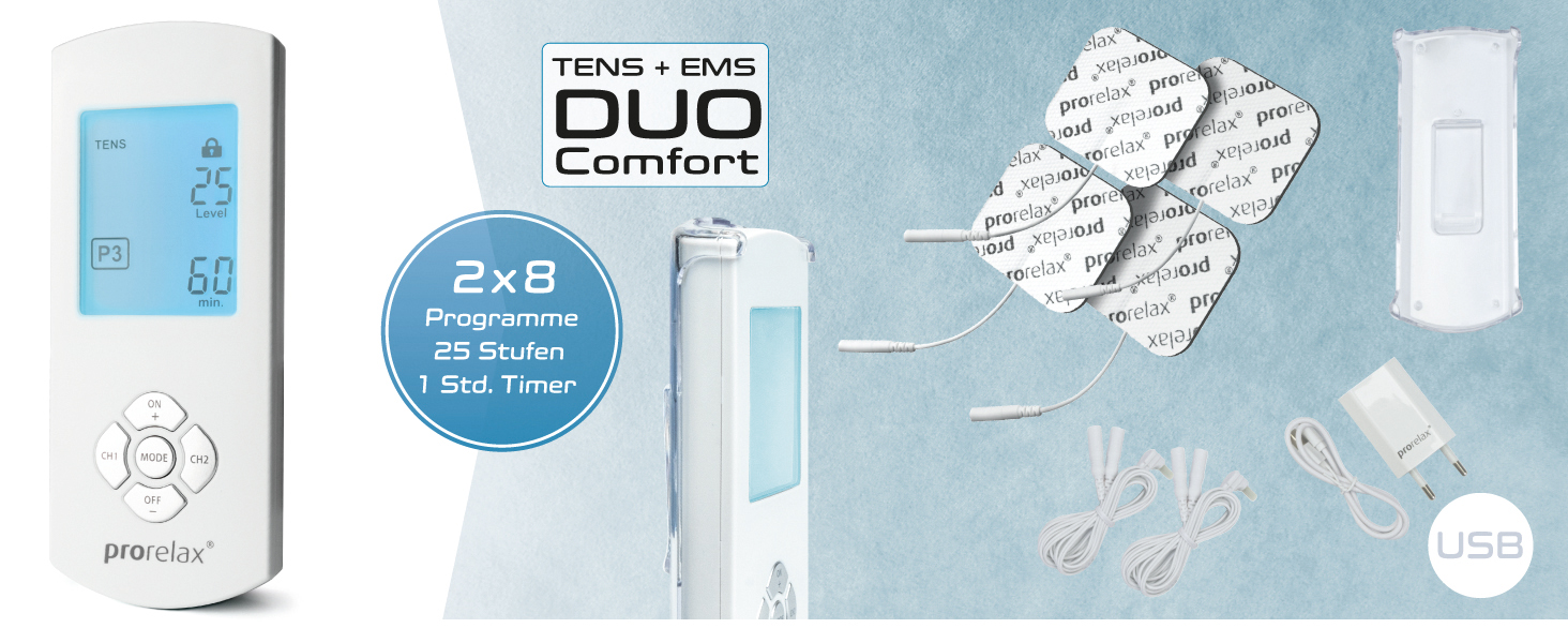 Prorelax TENS/EMS Duo Comfort: електростимулятор для зняття болю та м'язового масажу | 2 терапії в одному пристрої | Великий дисплей