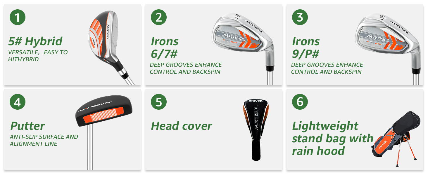 Повний комплект гольф-клубу на 6 шт., включаючи сумку-стійку, драйвер #1, гібрид #5, залізи #6/7, #9/P та паттер. Для правшів (Помаранчевий)