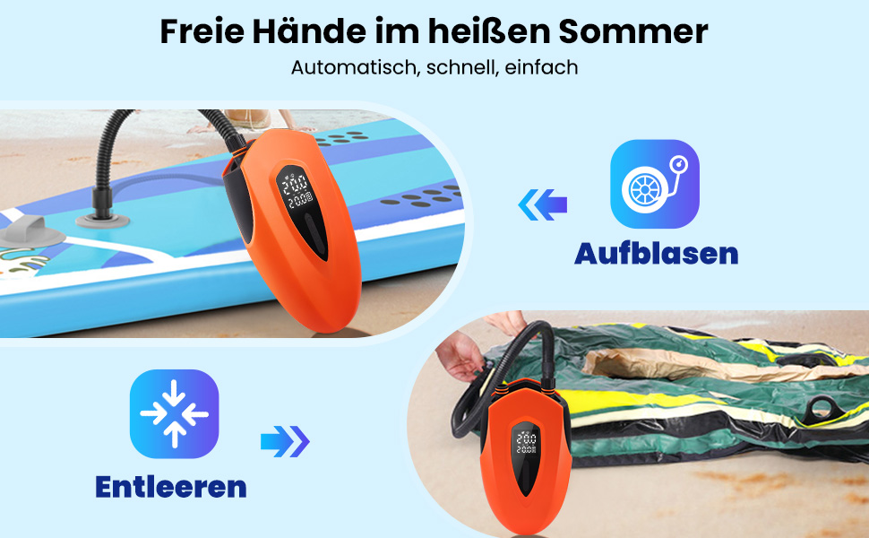 Електричний насос для SUP з акумулятором 12000mAh, 20PSI, 6 насадок для надування/здування, 12V DC, автовимкнення, для SUP, серфінгу, наметового обладнання, матраців