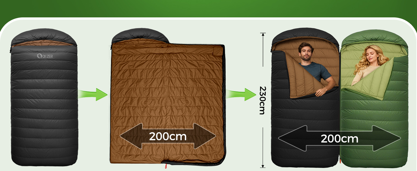 Сплячий мішок XXL з пуху на 3-4 сезони, 230x100 см, для дорослих, кемпінг, походи, подорожі (Чорний, -3°C)