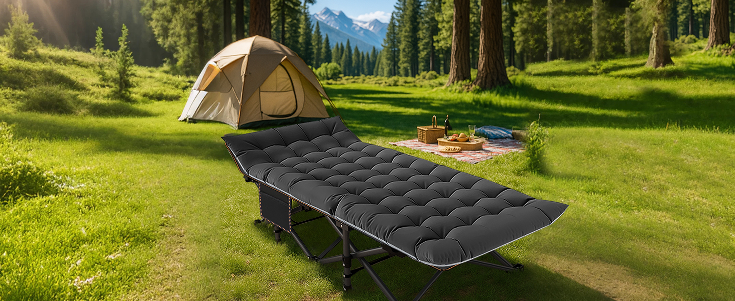 Велике розкладне ліжко з матрацом – 198x81x46 см, 400 кг, сталевий каркас, оксфордська тканина, для дорослих, сад, подорожі (XXL Чорний)