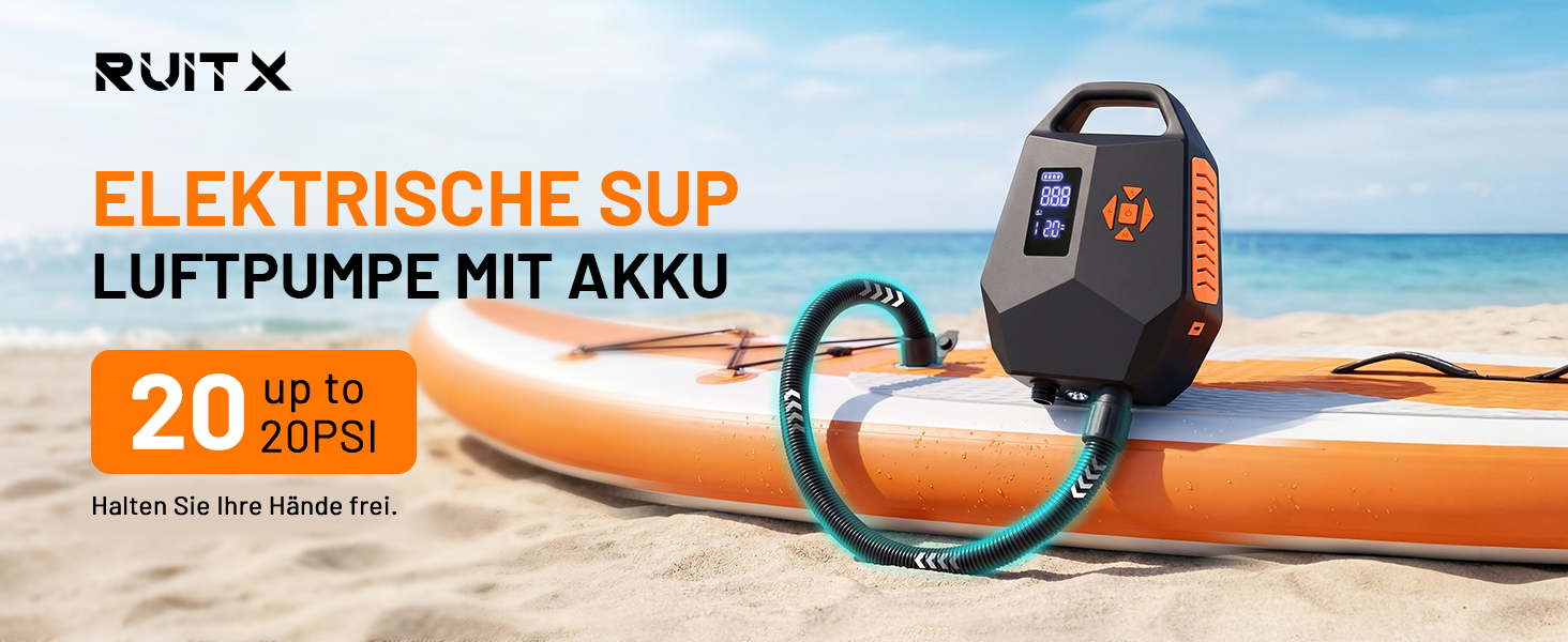 Електричний насос для SUP дошки з акумулятором 20PSI, Hochdruck, з автовимкненням та Type-C зарядкою
