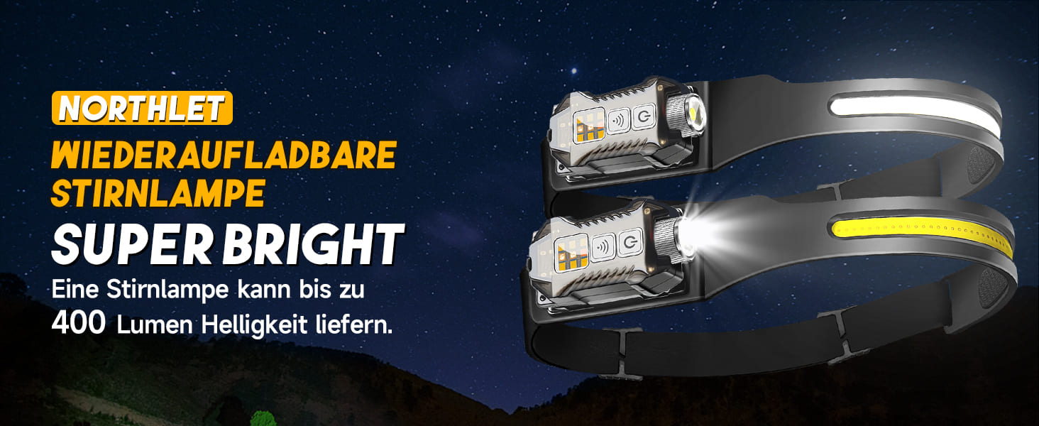 Налобний ліхтар Foleto, 2 шт., перезаряджається, 230° світловий потік, знімається, з датчиком руху, 9 режимів для кемпінгу, риболовлі, бігу та хайкінгу