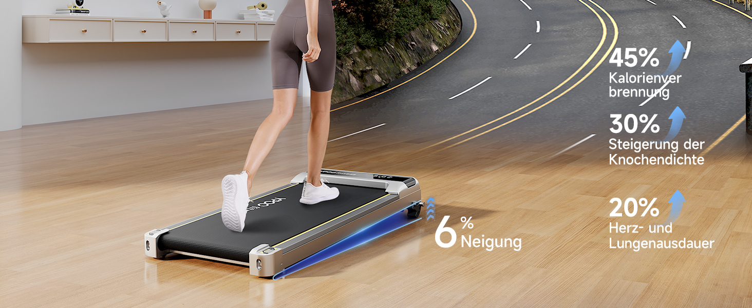 Walking Pad YPOO з регулюванням нахилу, 1-6 км/год: компактне бігове полотно для дому та офісу, до 140 кг, тихе, з LED-дисплеєм, пультом та APP, срібне