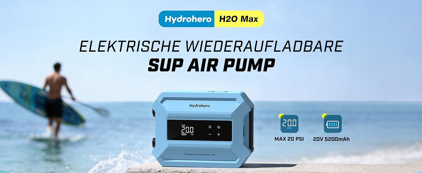 Електричний насос для SUP-дошки Hydrohero, акумуляторний помповий компресор 20 PSI з функцією двоетапного надування та спуску для падлбордів, каяків, човнів та кемпінгових наметів