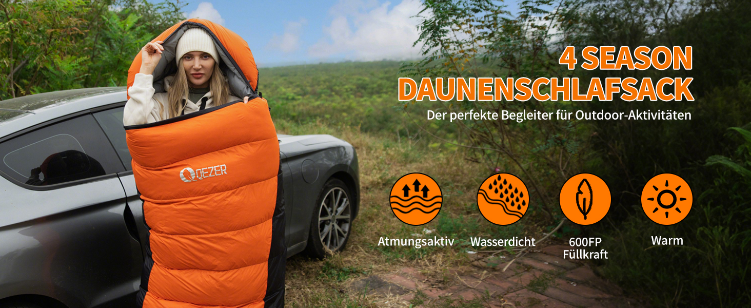 Сплячий мішок пуховий зимовий, 600FP+ Premium, 12°C -24°C, 3-4 сезони, для кемпінгу, трекінгу, походів, оранжевий