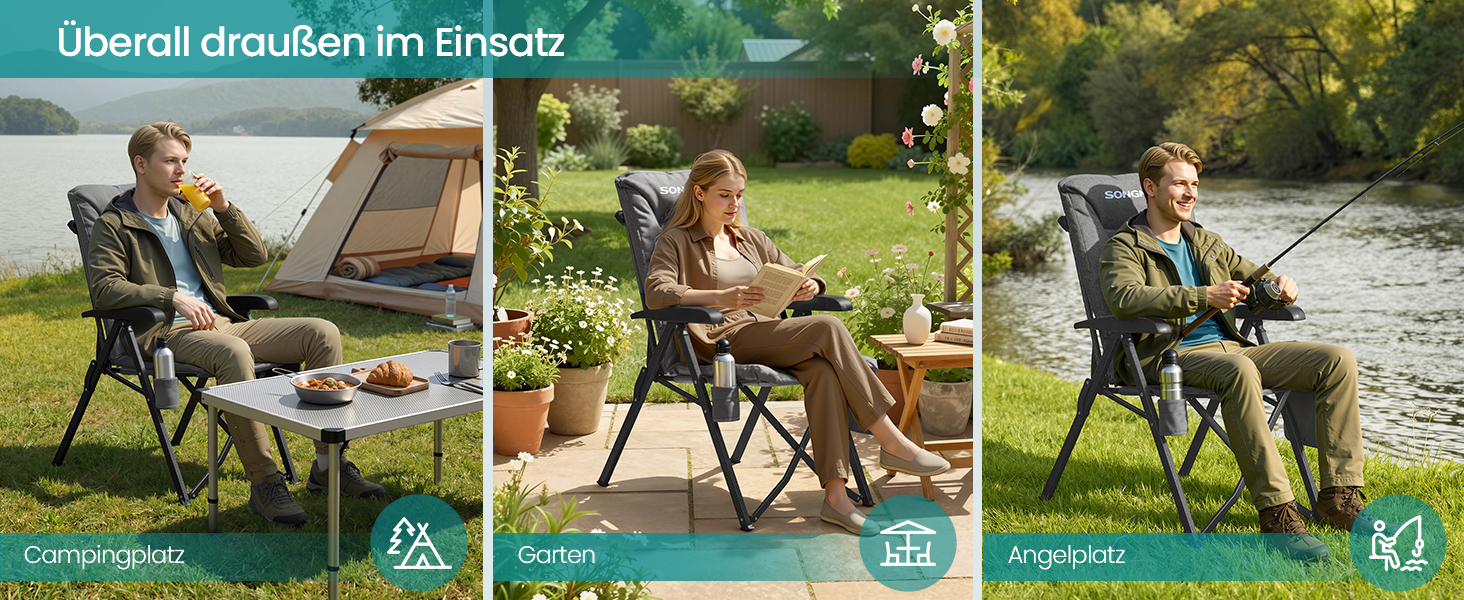 Складаний туристичний стілець SONGMICS для відпочинку та риболовлі, сірий, з регульованою спинкою та кишенями