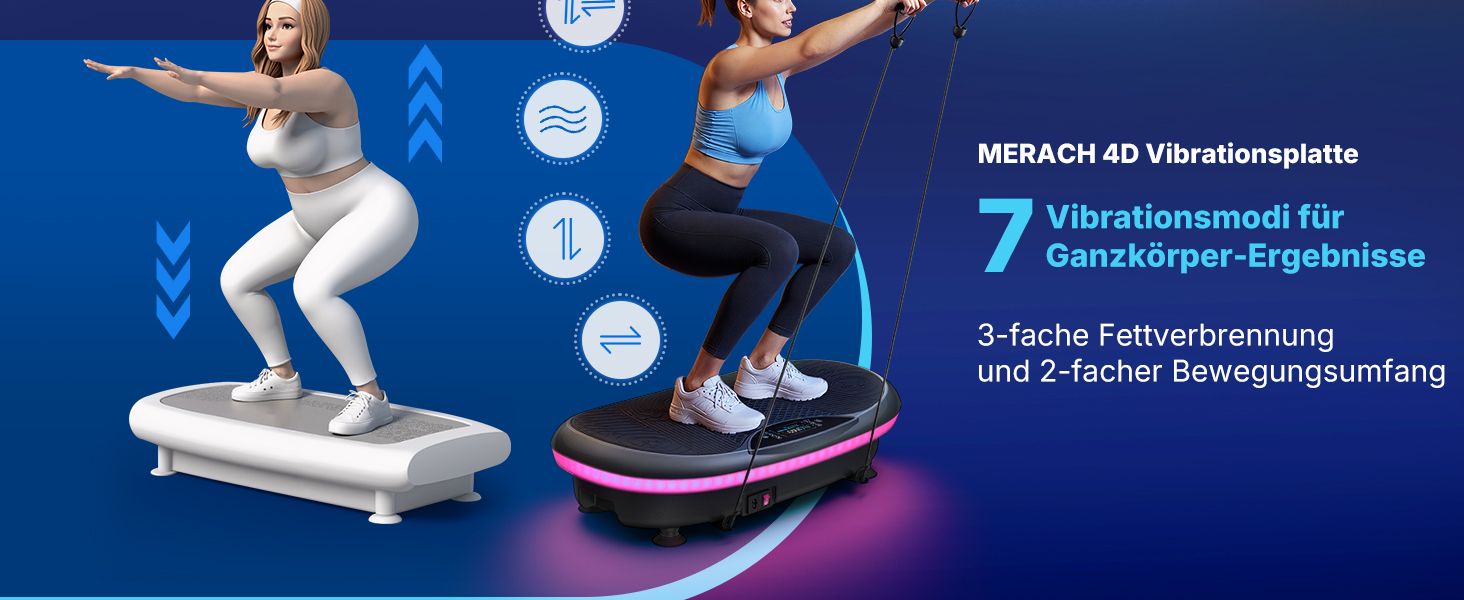 Віброплатформа MERACH 4D з 7 режимами вібрації, 120 швидкостями, 5 програмами, Bluetooth та підсвіткою, чорна