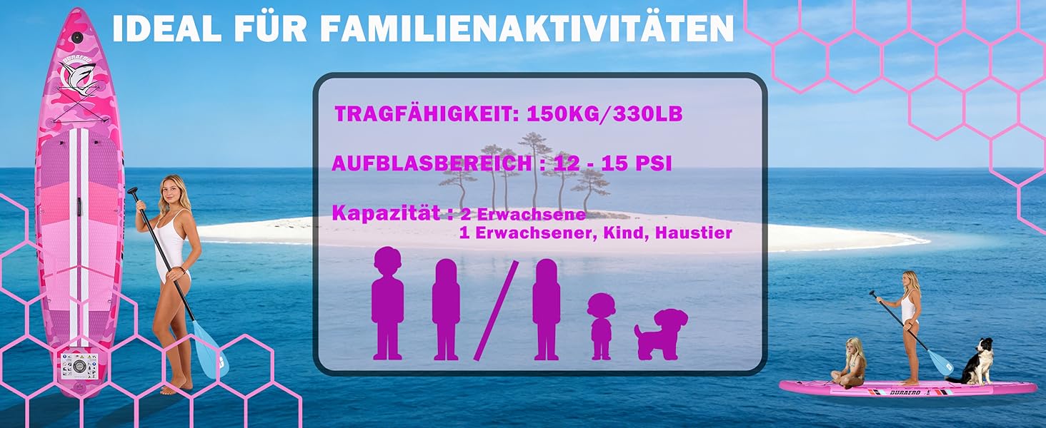 Надувний SUP (Stand Up Paddle Board) з кріпленням для камери, рожевий, 330x76x15 см, до 150 кг, з насосом та рюкзаком