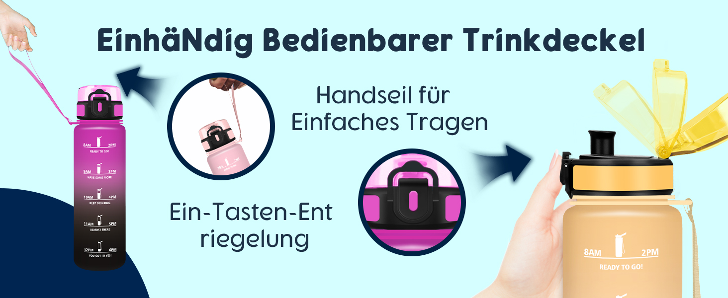 Спортивна пляшка для води 1 л з мітками часу, витокозахисна, рожево-блакитна