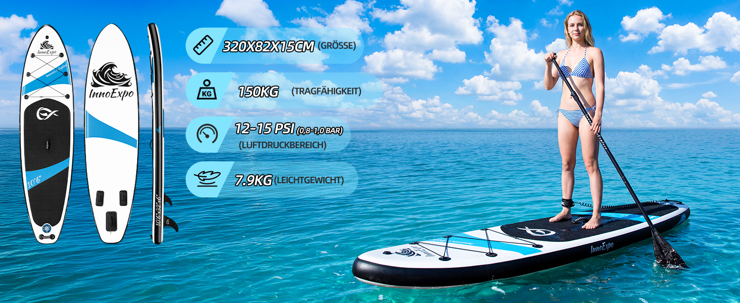 SUP-дошка InnoExpo надувна, 320x82x15 см, чорна: комплект з преміум аксесуарами для підлітків та дорослих