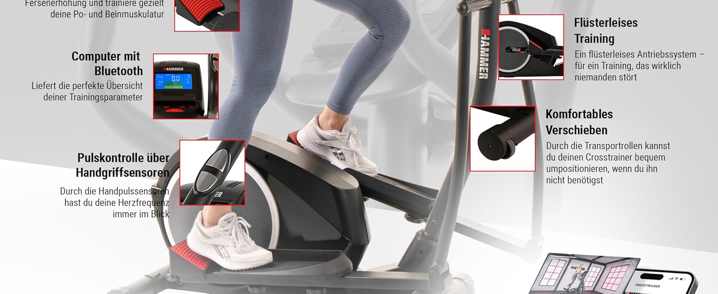 Еліптичний тренажер HAMMER Crosstech XTR BT з Glute Shaper та світлоіндикатором навантаження, 21 програма
