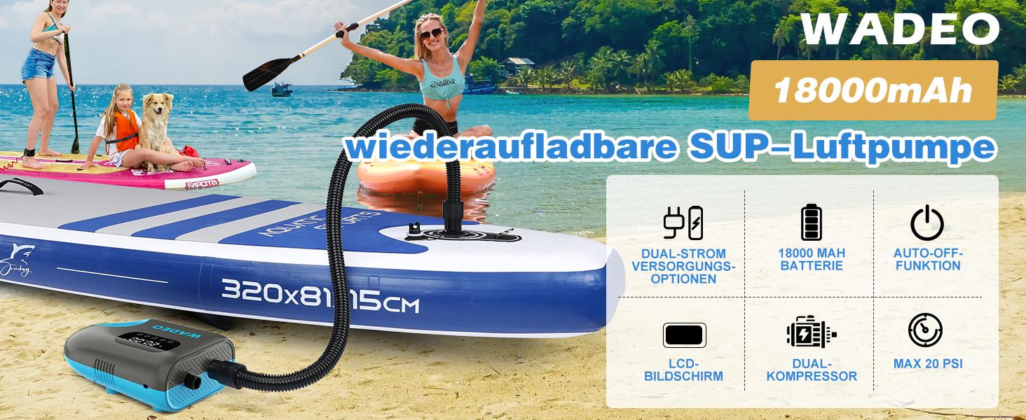 Електрична повітряна помпа SUP з акумулятором 18000mAh, WADEO 20 PSI, LED-ліхтар, швидка зарядка 110V/12V, автовимкнення, для SUP, човнів, каяків, наметів, матраців