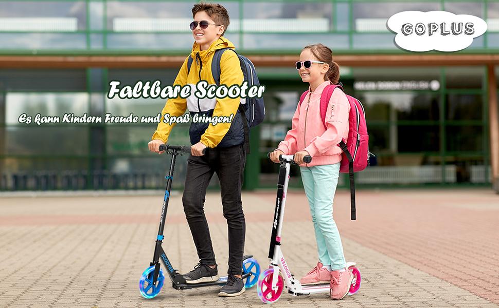 Дитячий трюковий самокат GOPLUS Roller Kinder 10 років, 3-ступенева регулювання висоти, легкий алюмінієвий, складаний, з LED-колесами, гальмом на задньому колесі, ременем та підставкою, до 100 кг, зелений