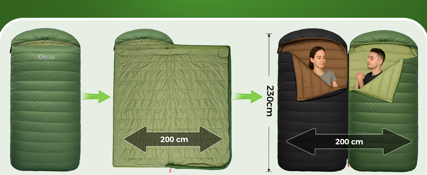 Сплячий мішок XXL з пуху на 3-4 сезони, 230x100 см, для дорослих, кемпінг, трекінг, подорожі (зелений)