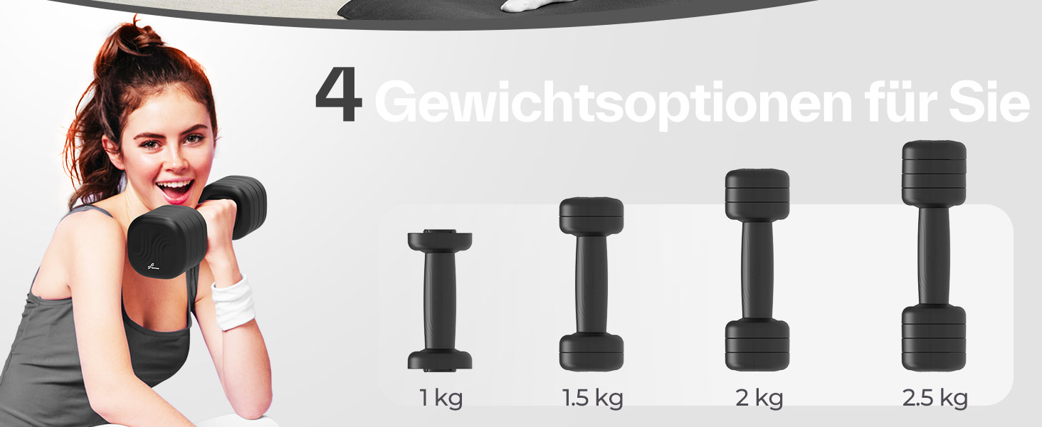 Sportneer Регульовані гантелі для жінок – комплект з 2 гантелей (по 1–2,5 кг) з неслизьким TPU-покриттям, 4-в-1 комплект гантелей для фітнесу вдома, для домашнього спортзалу та силових тренувань, колір: Димчасто-чорний