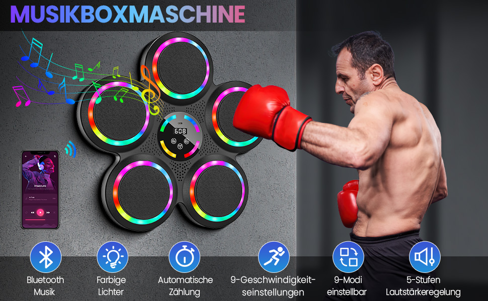 Музична боксерська машина Gpanvor з LED-підсвіткою, 2 рукавички, 9 швидкостей, 9 режимів, автоматичний підрахунок, для дорослих та дітей