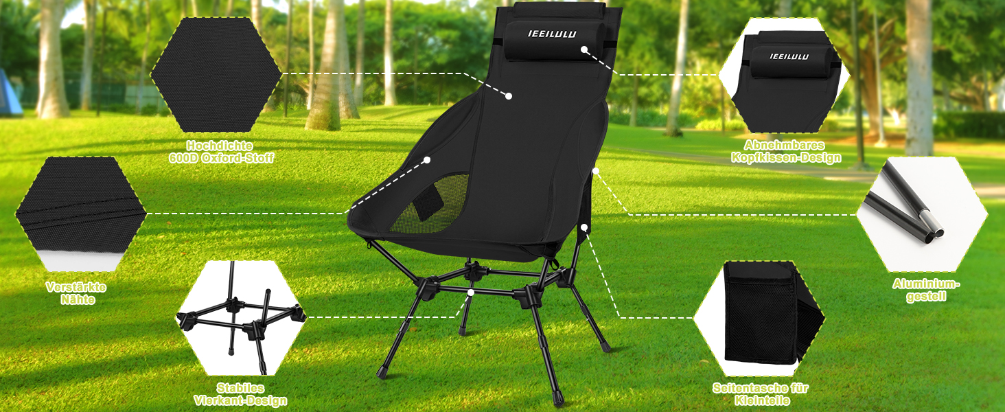 Складний туристичний стілець IEEILULU з високою спинкою, чорний. Макс. навантаження 130 кг, 2 кишені. Підходить для кемпінгу, риболовлі, пікніків та відпочинку на природі.