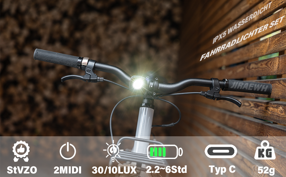 Набір LED-фаро для велосипеда, сертифікований StVZO, 600mAh, зарядка Type-C, передній + задній ліхтар, водонепроникність IPX5