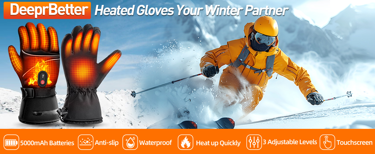 Обогревні рукавички DeeprBetter для жінок та чоловіків, 5000mAh, водонепроникні, з 3 рівнями нагріву, сенсорний екран, для мотоцикла, гірськолижного спорту та велосипеда