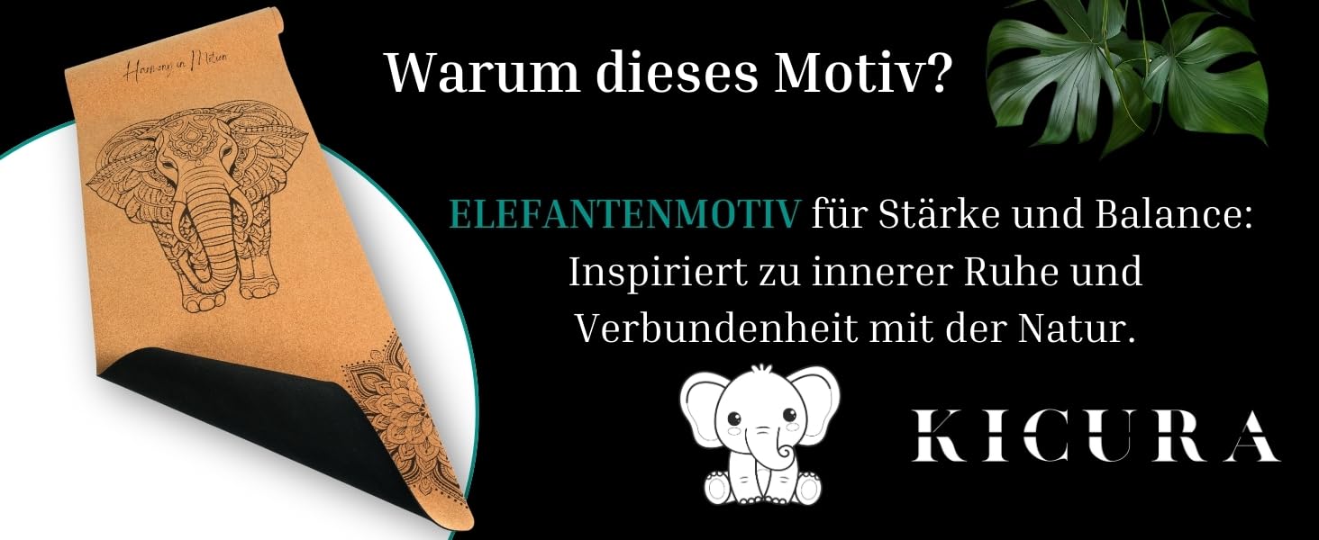 Кікура Йога-мат з корку та натурального каучуку з мотивом слона – Нековзна преміум-мат, 4 мм, з ремінком – Екологічна, 3 розміри (M, L, XL), XL - 200x68x0,4 см