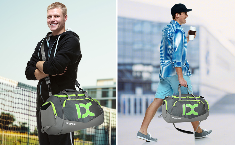 Спортивна сумка для подорожей INOXTO, складана дорожня сумка з відділенням для взуття та мокрих речей, універсальна сумка для кемпінгу та вікенду (Сіра з флуоресцентним зеленим)