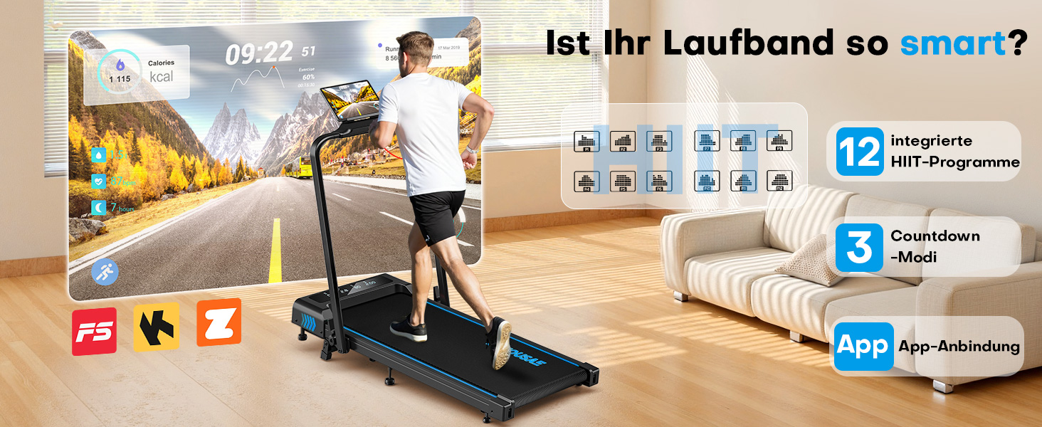 Біговий тренажер для дому 5-в-1, 12 км/год, складаний, з підйомом 9%, 2.75HP безщітковий мотор, LED-дисплей, сумісність з додатком, 12 програм, чорно-синій, 5-в-1