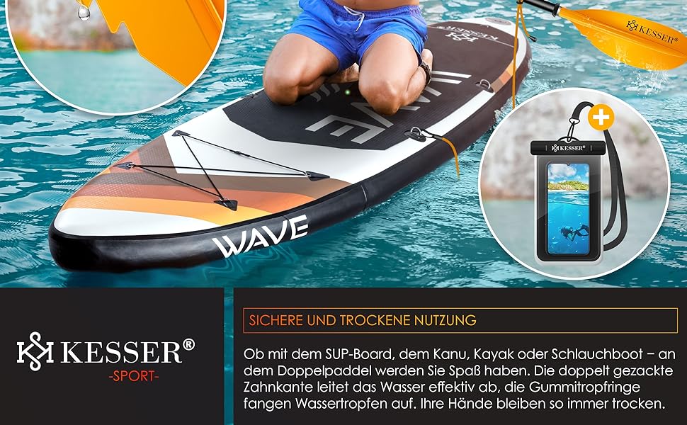 Весло KESSER® Paddle Doppelpaddel з 4 частин для каяка, SUP, стенд-ап паділбордингу, 228 см, алюміній. Підходить для надувного човна, весло для стенд-ап паділбордингу. В комплекті: страховий шнур, чохол для телефону, надувне весло Orange