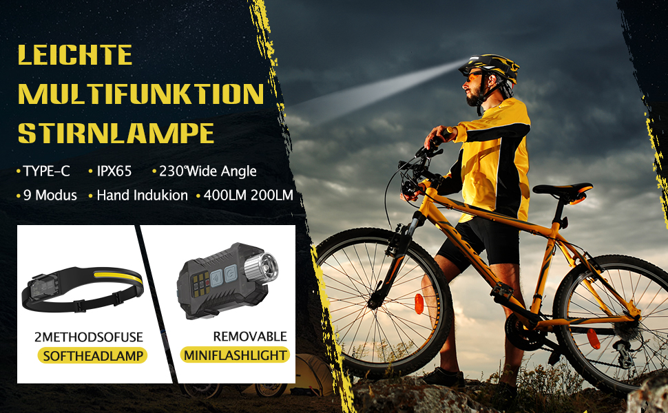 LED налобний ліхтар налобний ліхтар з акумулятором, 400 люмен, 230° широкий кут, датчик, знімний, 9 режимів світла, водонепроникний IPX65, для піших прогулянок, кемпінгу, бігу (2 шт.)