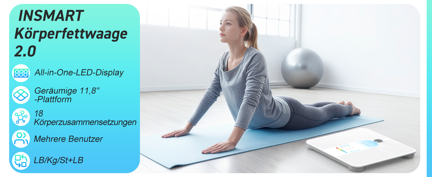 Інсмарт Розумна вага з великим дисплеєм, 227 кг/500 фунтів, аналіз складу тіла, Bluetooth, APP, 18 показників (BMI, вага, жир, м'язи, пульс), біло-помаранчевий/блакитний колір