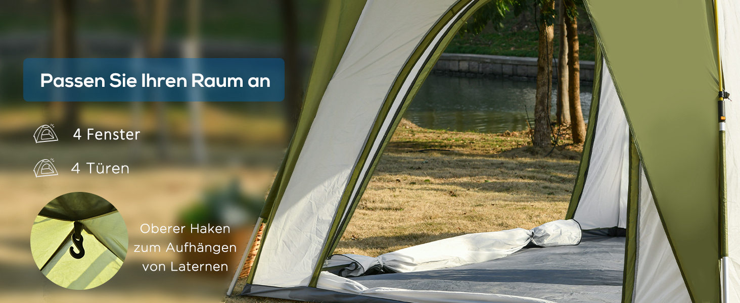 Намет Outsunny Pop-Up для 3 осіб, UV 50+, зелений: сімейний кемпінговий намет з гаком, 4 дверима, вікнами, підлогою та водонепроникністю 1000 мм