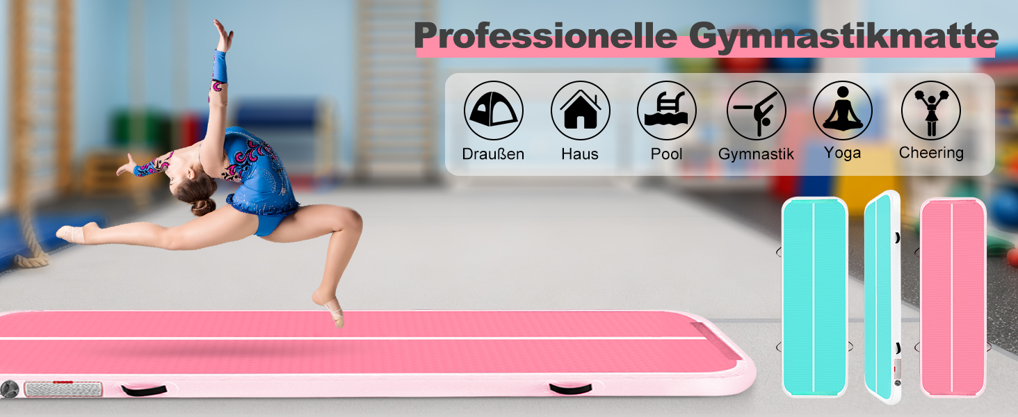 Надувний килимок для гімнастики 3м x 1м x 10см з насосом, рожевий - для дому, йоги, танців
