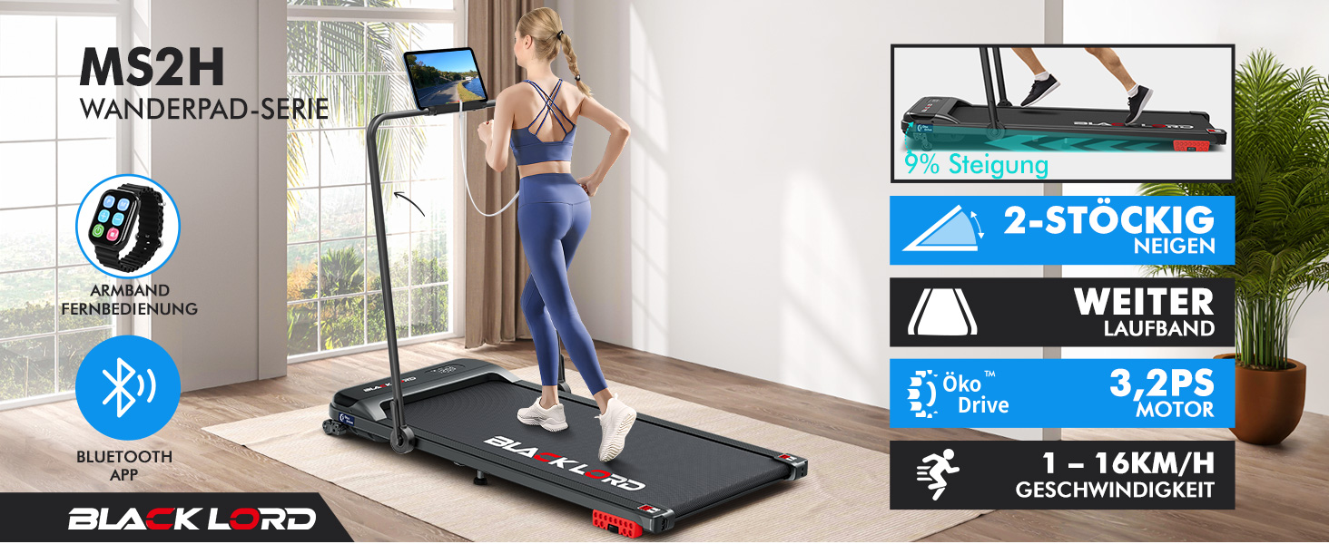 Walkingpad Laufband BLACK LORD MS2H: біговий доріжки для дому, 9-16 км/год, нахил до 9%, 2.2-3.2 PS, до 140 кг, LED-дисплей, мобільний додаток, тиха робота, чорний колір (з ручками)