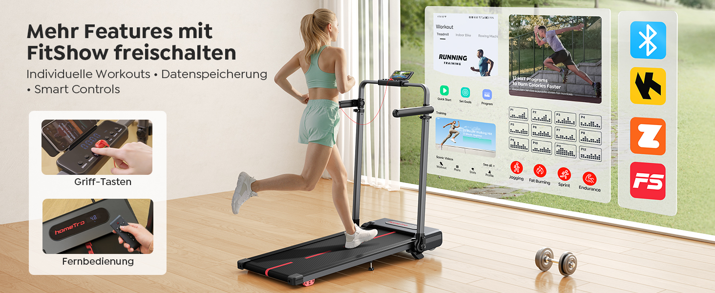 Складана бігова доріжка для дому з нахилом 7%, Walking Pad до 12 км/год, з регульованим поручнем та знімним робочим столом, двигун 3.0 к.с., керування через додаток та пульт, червоно-чорна