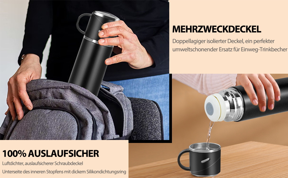 Термос IAGORYUE з нержавіючої сталі, 0.55л, з витокозахисним кришкою та ручкою, двостінний, зберігає тепло/холод до 12 годин, для спорту, офісу, відпочинку на природі, чорний