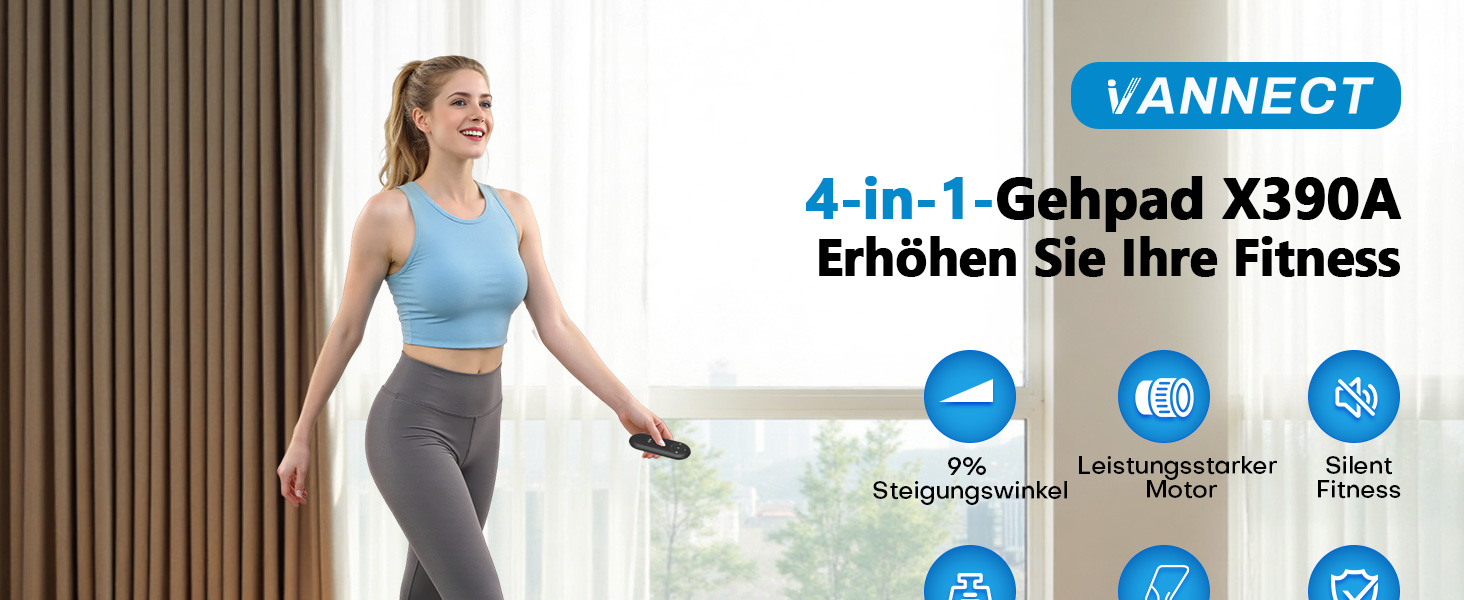 Walking Pad VANNECT: компактний біговий тренажер для дому з регулюванням нахилу, LED-дисплеєм та пультом керування. Максимальне навантаження 150 кг, без монтажу.