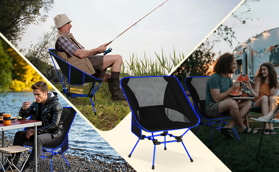 Складний туристичний стілець для кемпінгу з сіткою та кишенями, вантажопідйомність 150 кг, ультралегкий, для подорожей, пікніків, риболовлі (Оранжевий, Синьо-чорний)