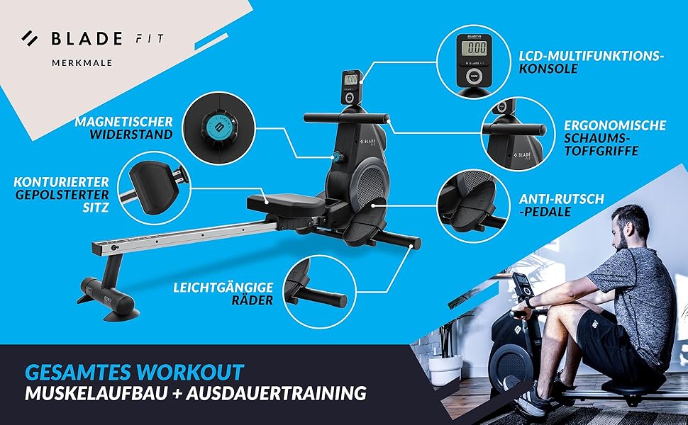 Bluefin Fitness Blade FIT: Гребний тренажер, сумісний з Kinomap, складаний, з LCD-консолью та мобільним додатком