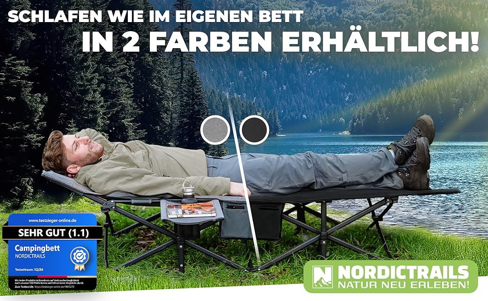 NORDICTRAILS Кемпінгове ліжко NORDICTRAILS - XXL розкладне ліжко для кемпінгу | Зручне, легке та широке для відпочинку на природі | Гостьове ліжко, ліжко для риболовлі, розкладне ліжко з суперм'яким матрацом. Сіре.