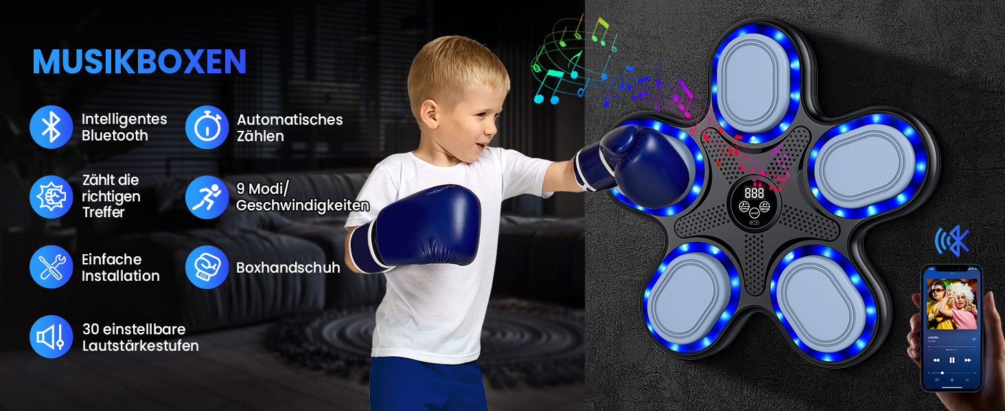 IERAKOR Музична бокс-машина з рукавичками, LED, Bluetooth, 9 швидкостей, 9 режимів, лічильник, електронна розумна бокс-машина для дітей