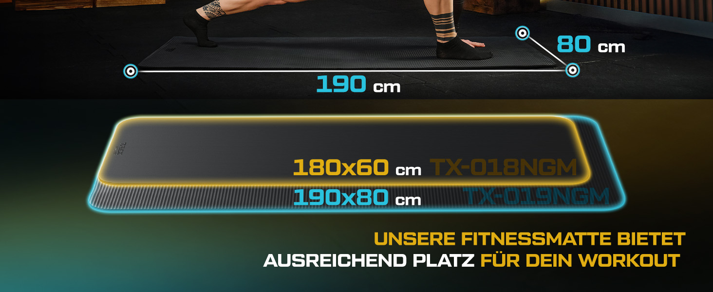 TREX SPORT Килимок для гімнастики та фітнесу | Товстий та м'який, 190x80x1 см, з ручкою для перенесення, чорний | Килимок для йоги з антиковзаючим покриттям