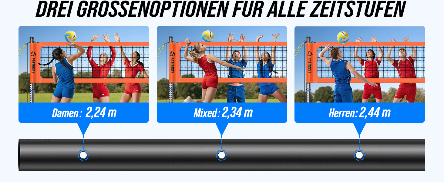 Професійна волейбольна сітка для саду з регульованою висотою, стійками з антикорозійним покриттям, лінією розмітки, м'ячем PU, насосом, натягувачами та сумкою для транспортування (9.75м*1м)